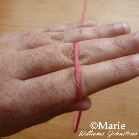 Hand holding red pink yarn between thumb and forefinger
